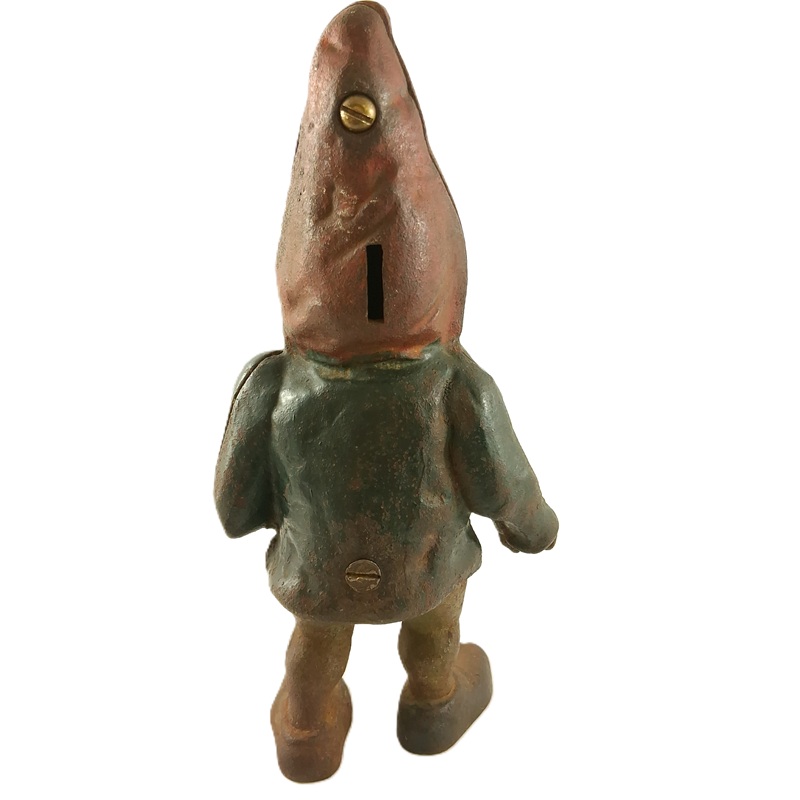Antique cast iron gnome still bank bank view