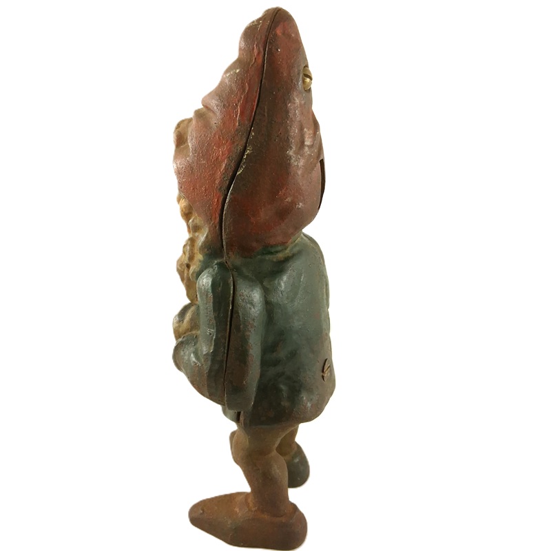 Antique cast iron gnome still bank left view